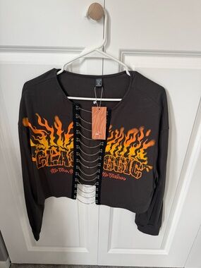 SHEIN Black Cropped Top with Orange and Yellow Flame Graphic